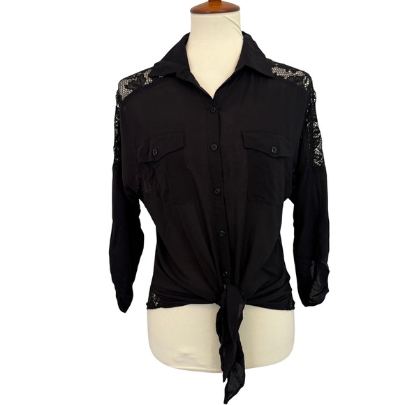Wet Seal Tops - VTG Wet Seal Black Lace Collared Button Front Tie Waist Shirt‎ Womens Size M